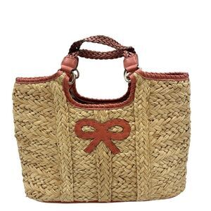 ANYA HINDMARCH Raffia Woven Coral Orange Leather Trim Bag Bow Basket Tote Auth